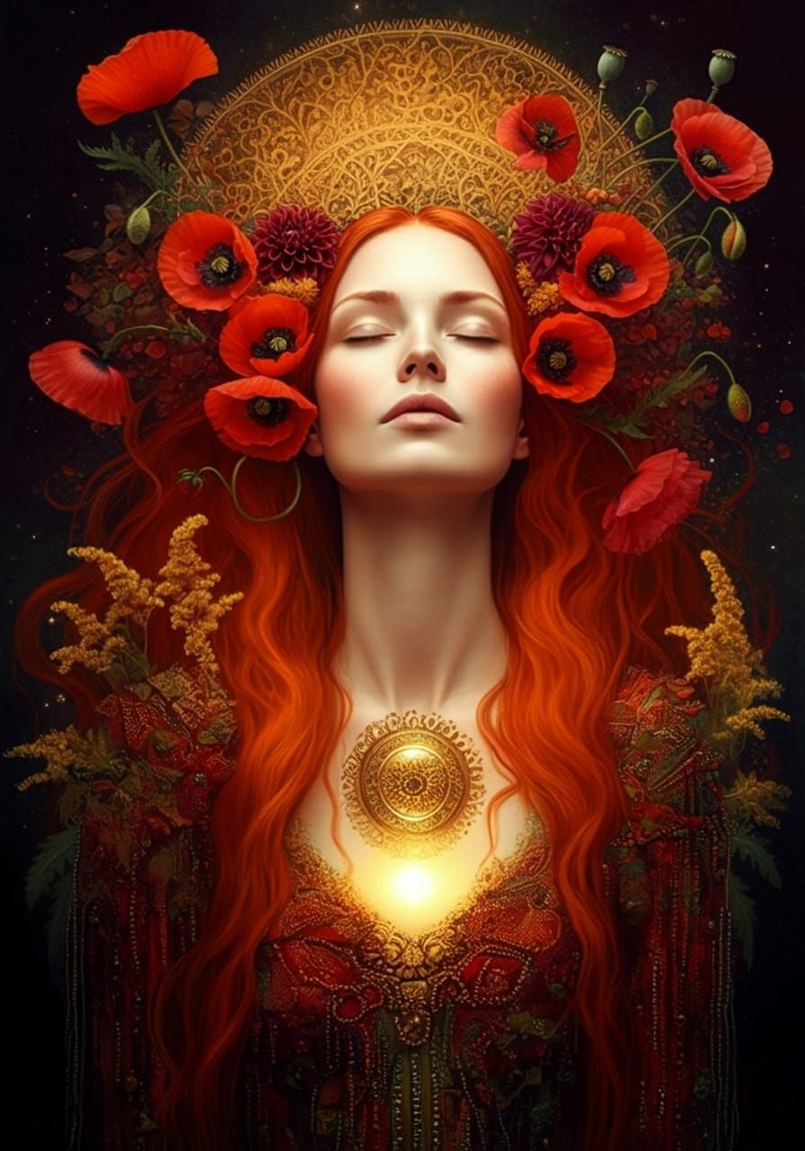 Ethereal Goddess Among Red Poppies in Cyberpunk Style