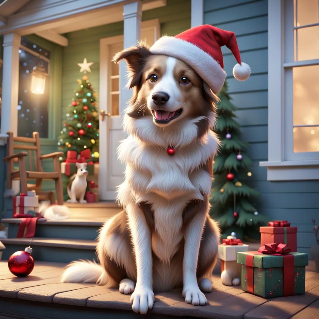 Border Collie Observes Kangaroos: 3D Christmas Scene