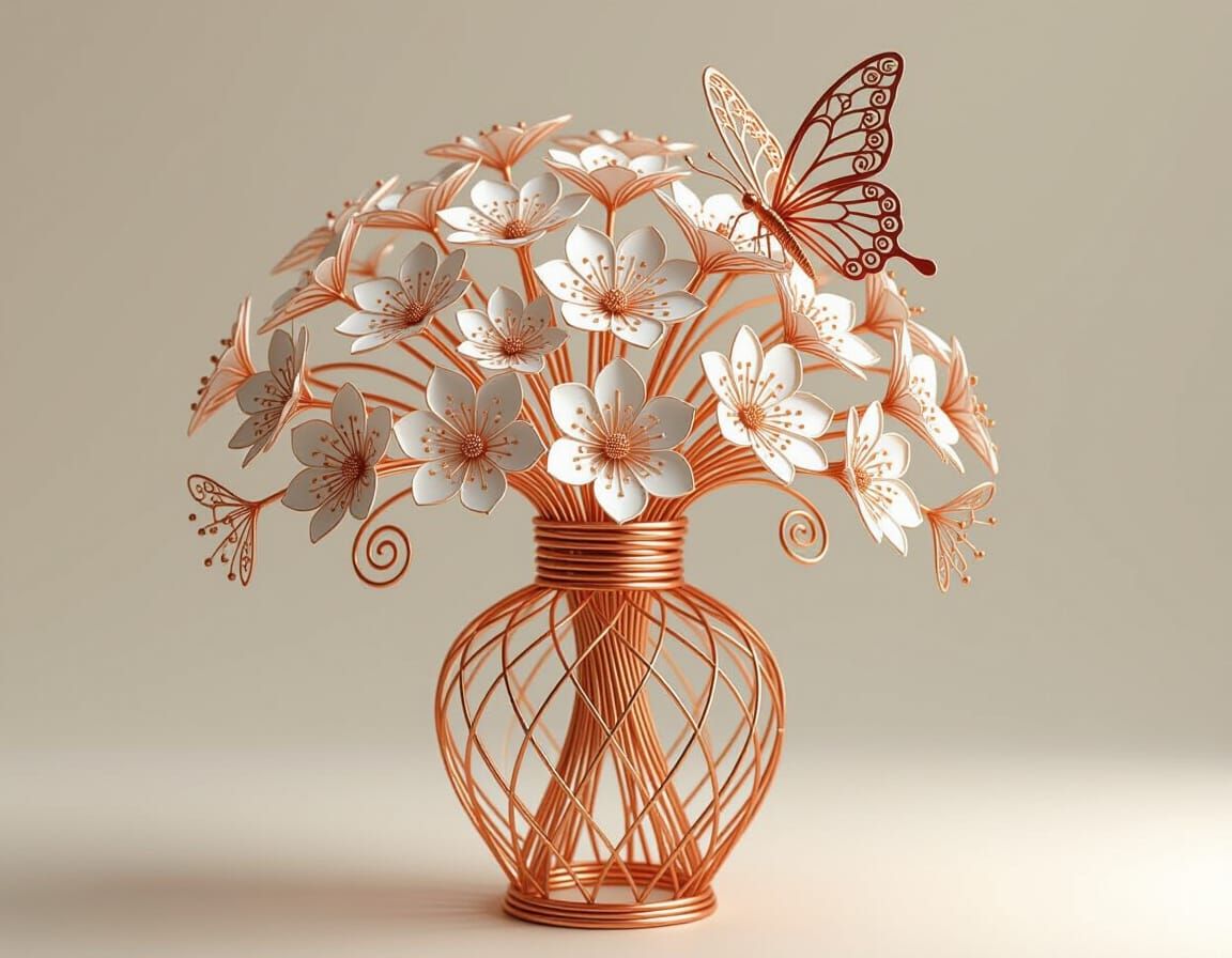 Intricate Copper Wire Vase with Flowers and Butterfly