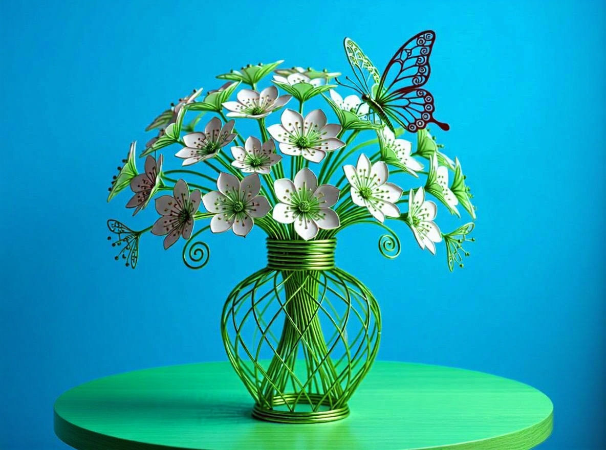 Wire Flower Vase with Butterfly Sculpture
