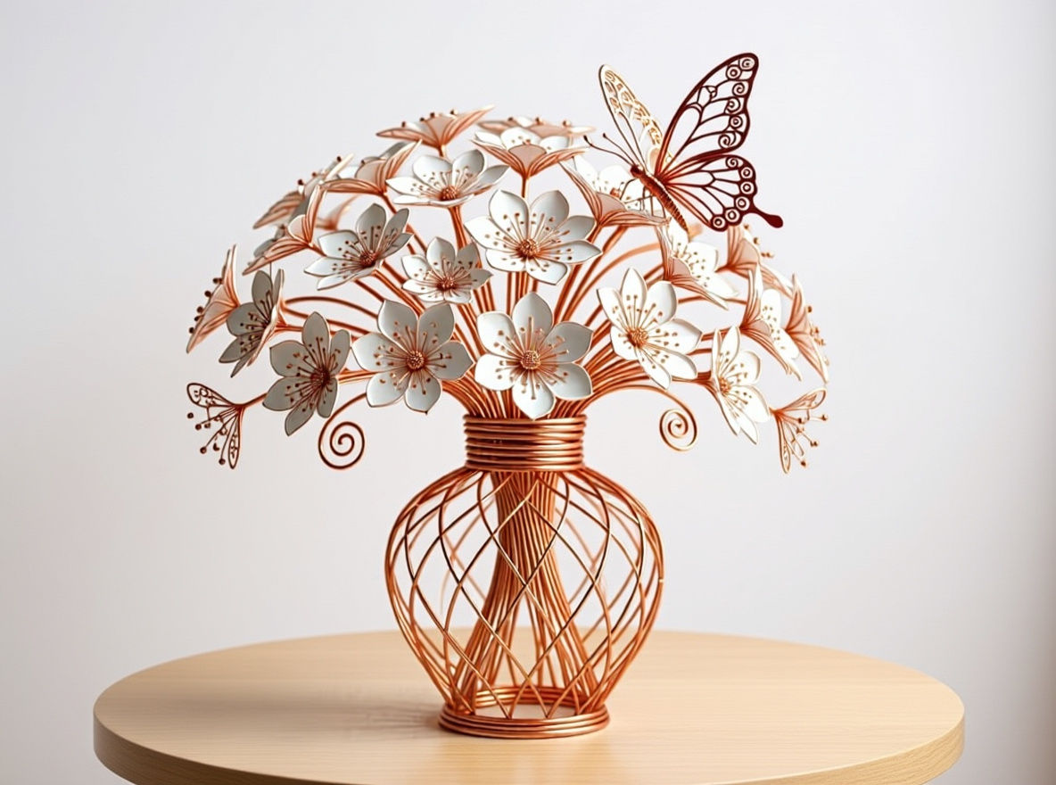 Copper Wire Vase with Filigree Butterfly Sculpture