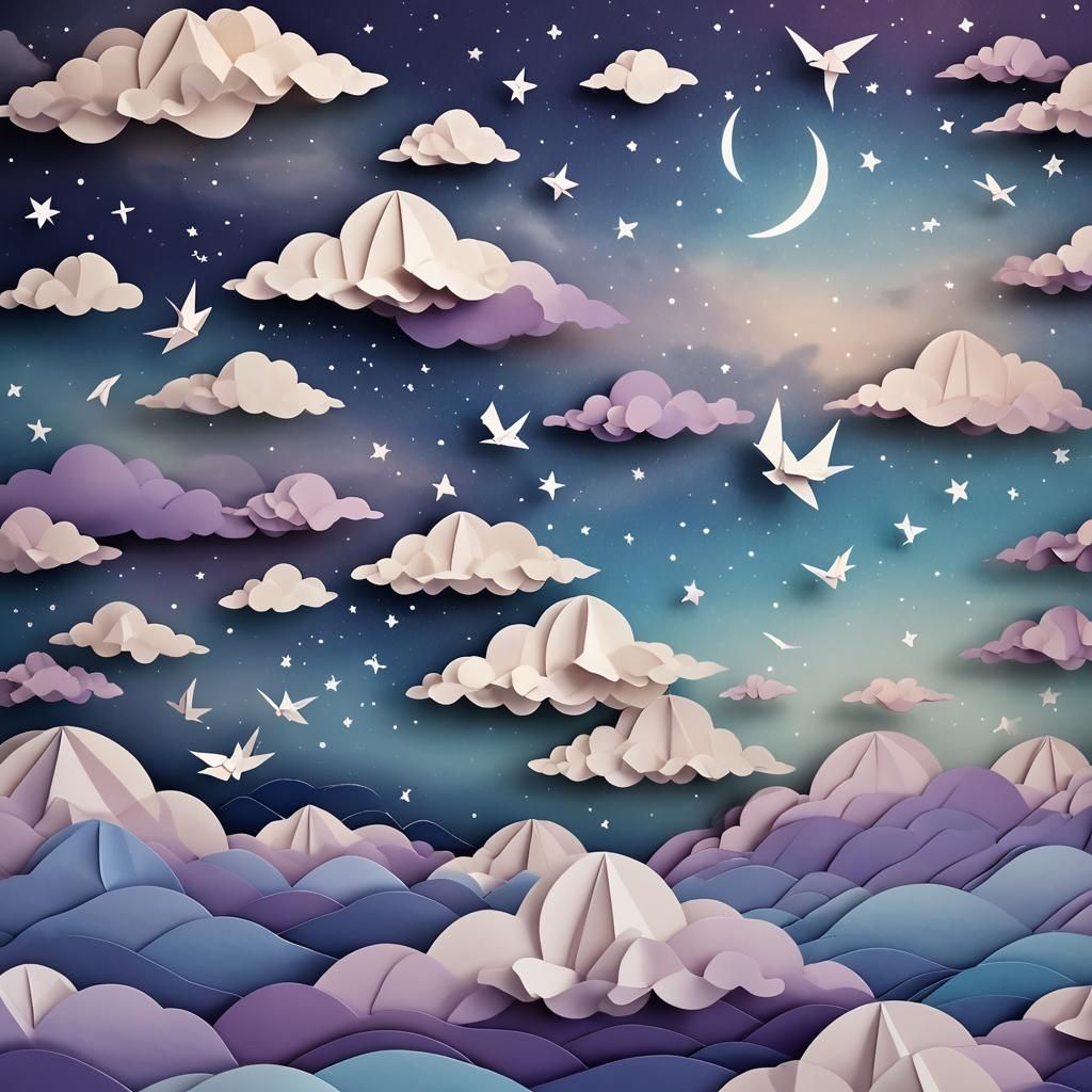 Origami Papercraft of Clouds Over Ocean at Night