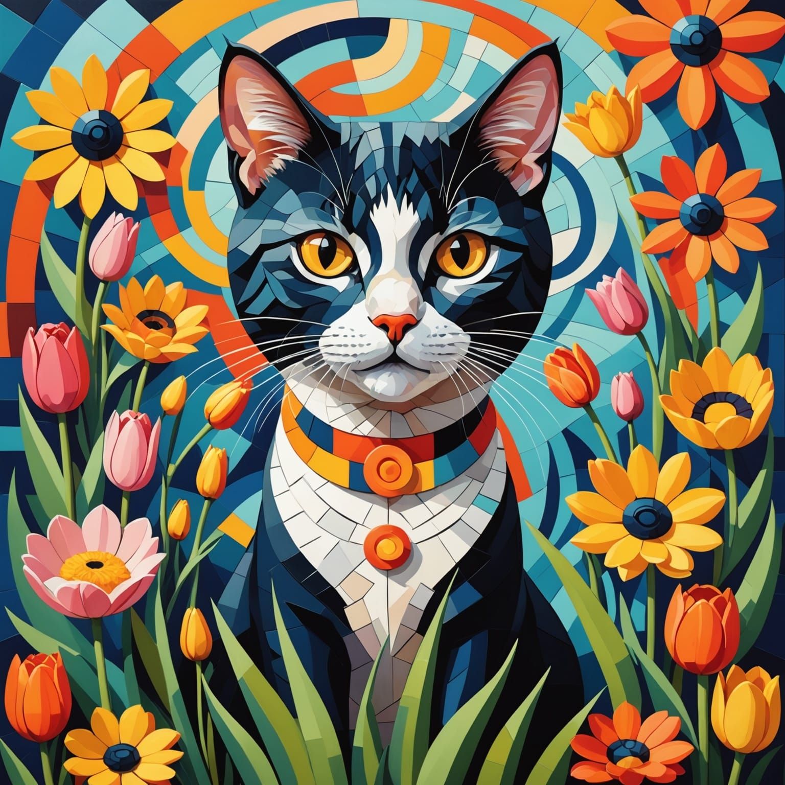 Whimsical Cubist Feline Amidst Floral Geometry
