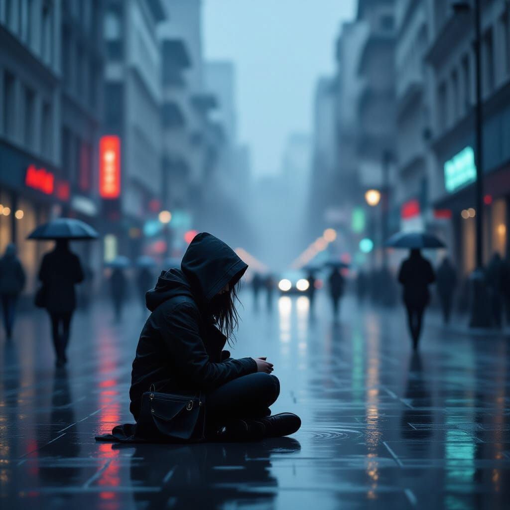 Solitary Figure in Rainy Cityscape by Night