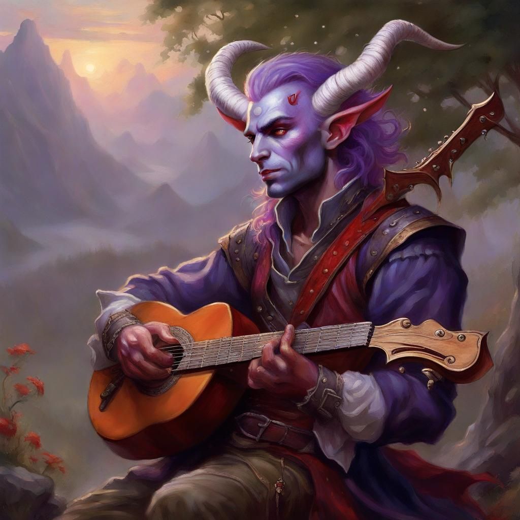 Tiefling Bard Playing Cittern in Ethereal Fantasy Style