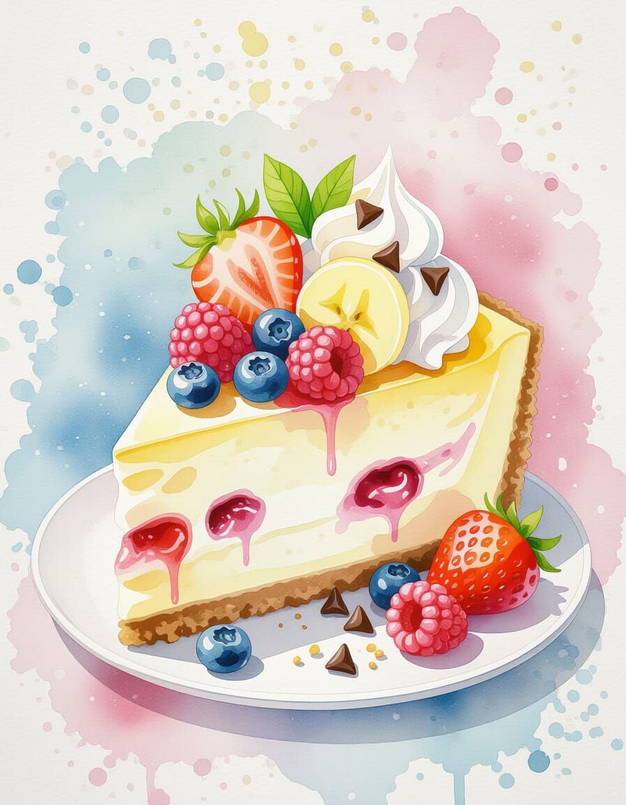 Cheesecake Slice with Berries in Watercolor Art