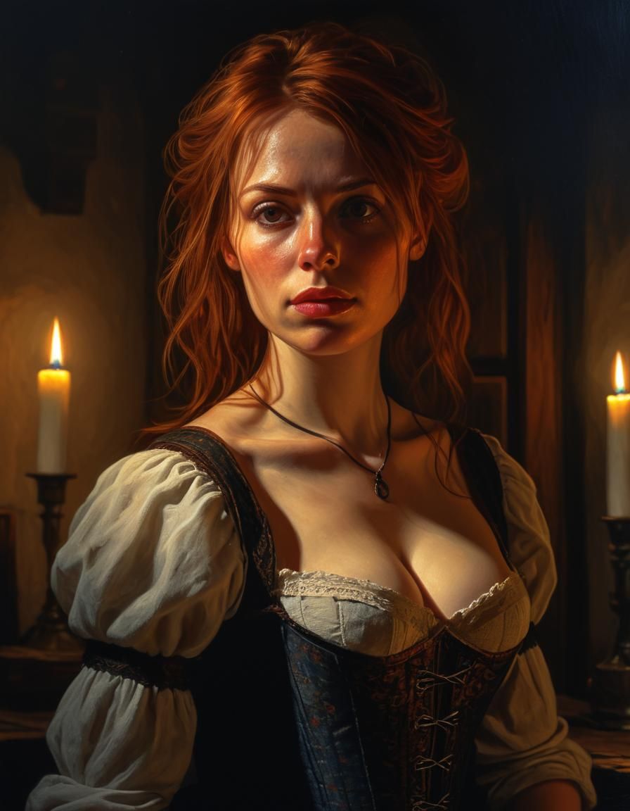 Chiaroscuro Portrait: Auburn Woman in Candlelight