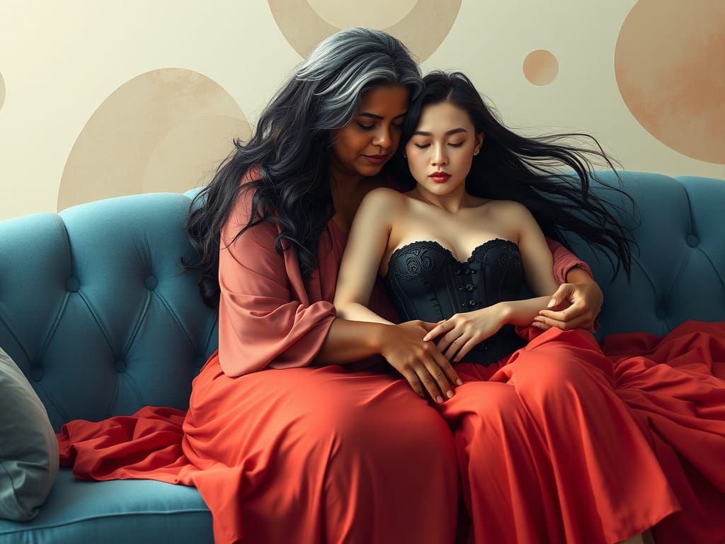 Intimate Embrace on Blue Sofa in Dreamlike Scene