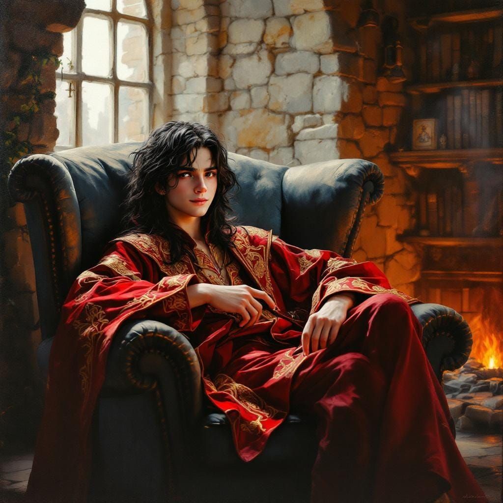Young Wizard in Gryffindor Common Room: Oil Painting