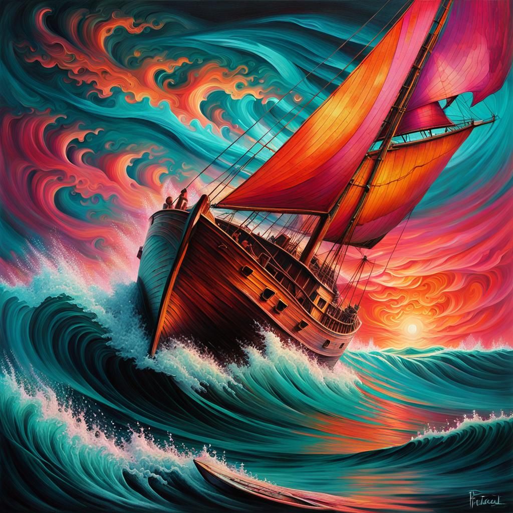 Boat Navigating Fiery Seas: Oil Painting