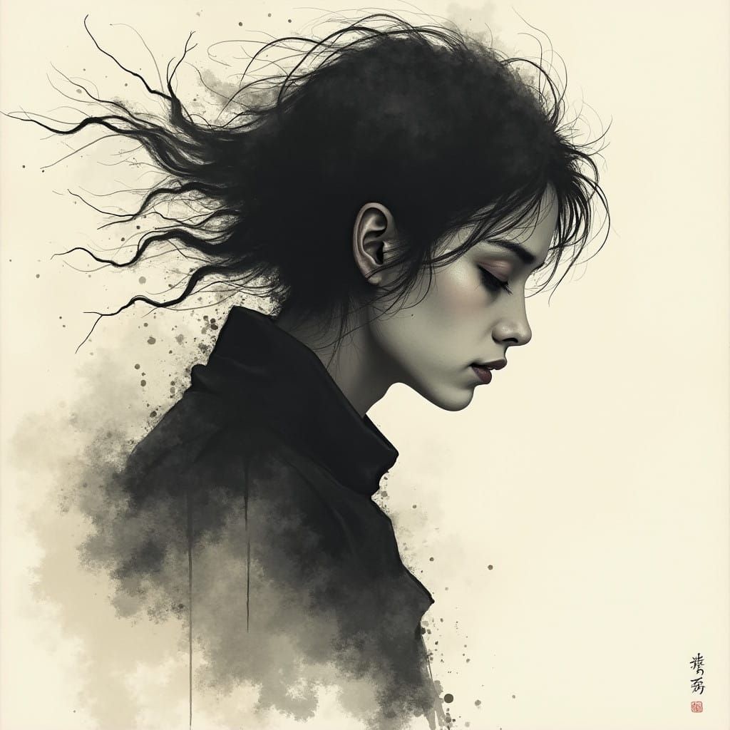 Ethereal Portrait in Chinese Ink Wash Style