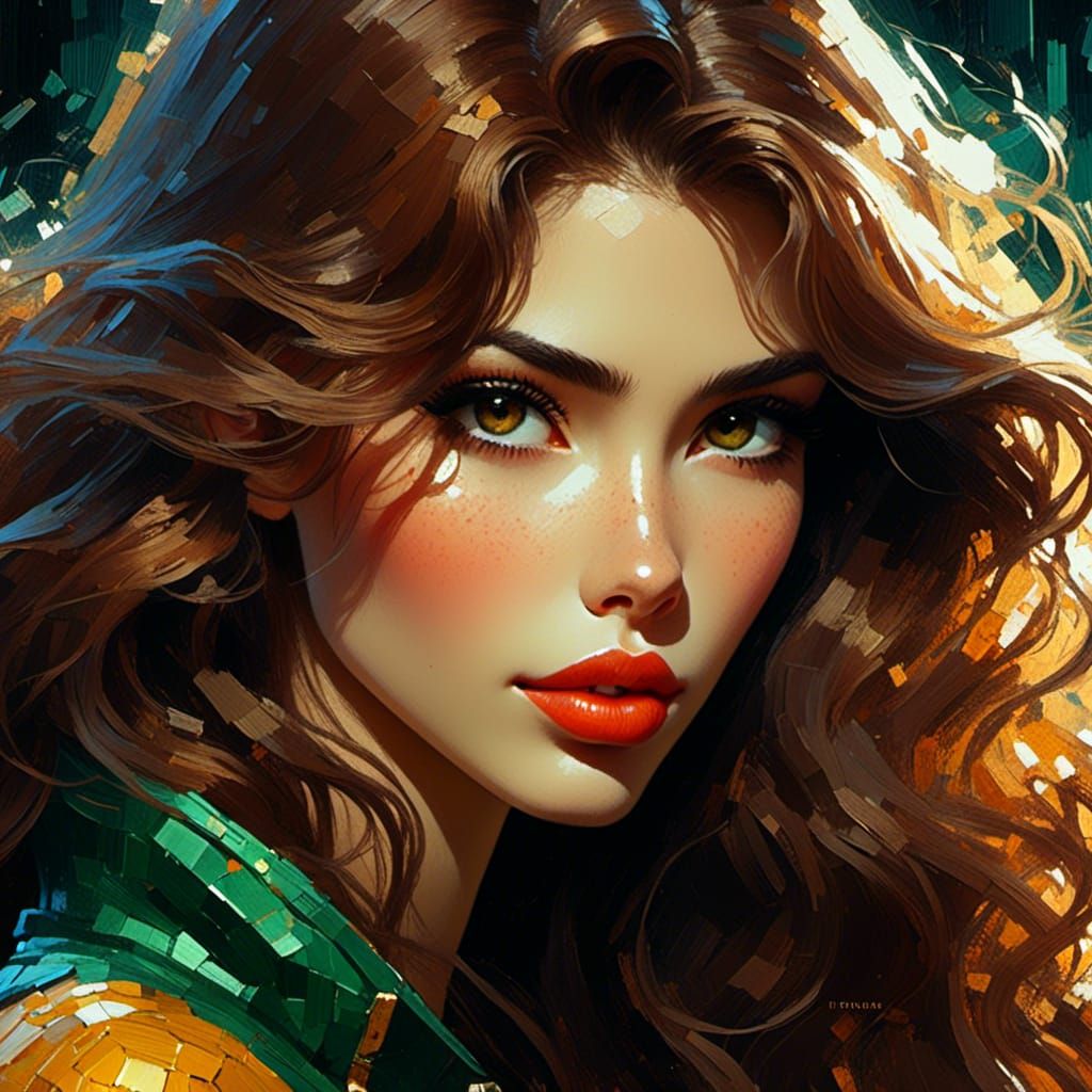 Woman with Brown Hair in Impasto Anime Style