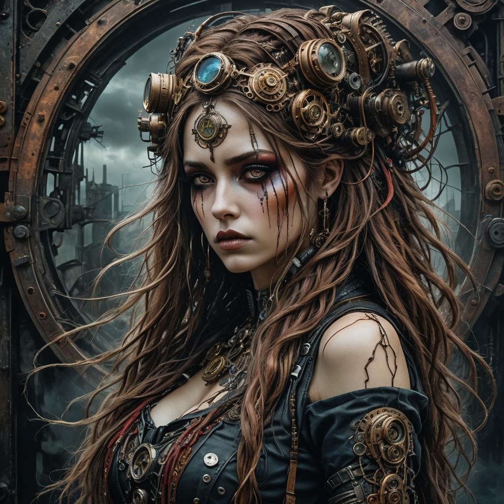 Dystopian Goddess in Steampunk Cyberpunk World