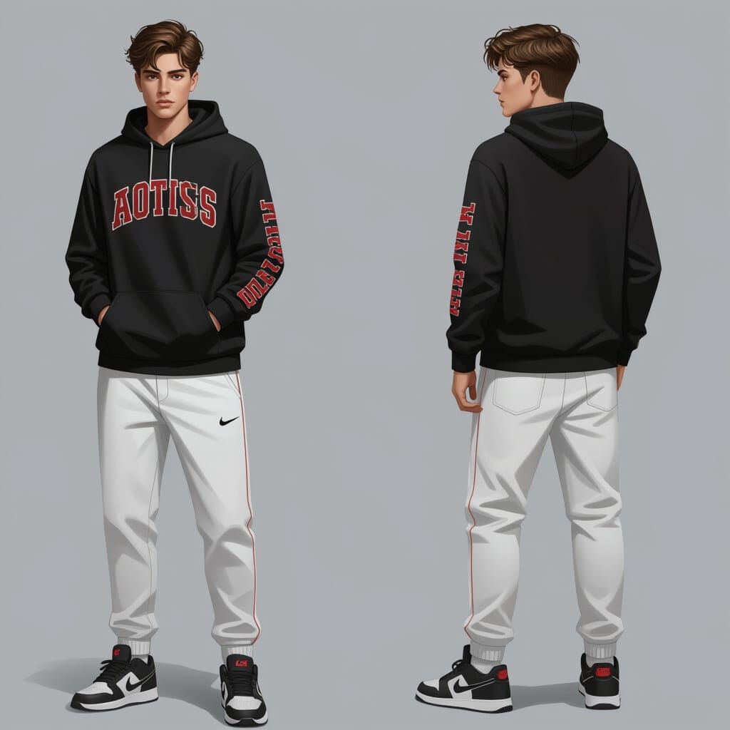 Handsome Young Man in Black Hoodie and White Pants