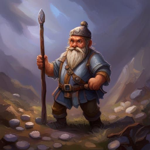 D&D dwarf, miner with pick, standing in a field