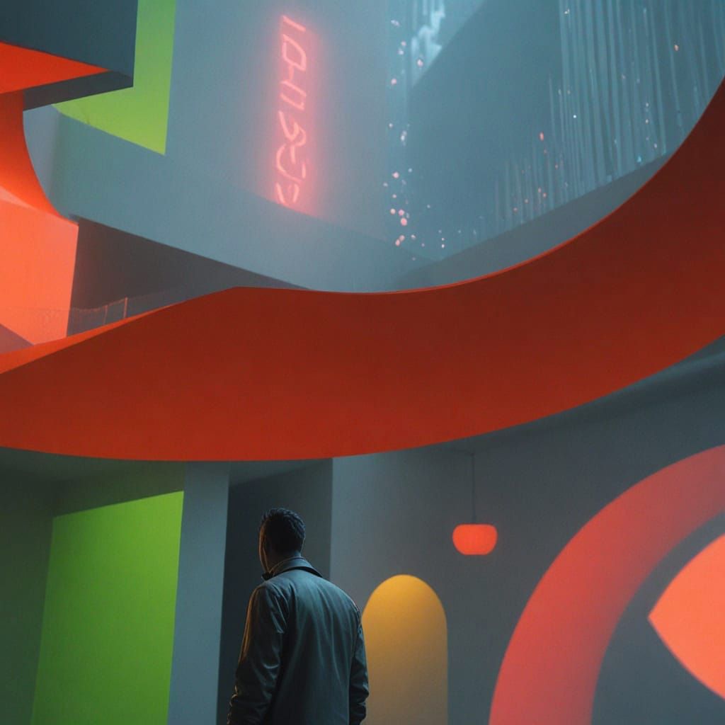 Surreal Neon Landscape with Plastic Character