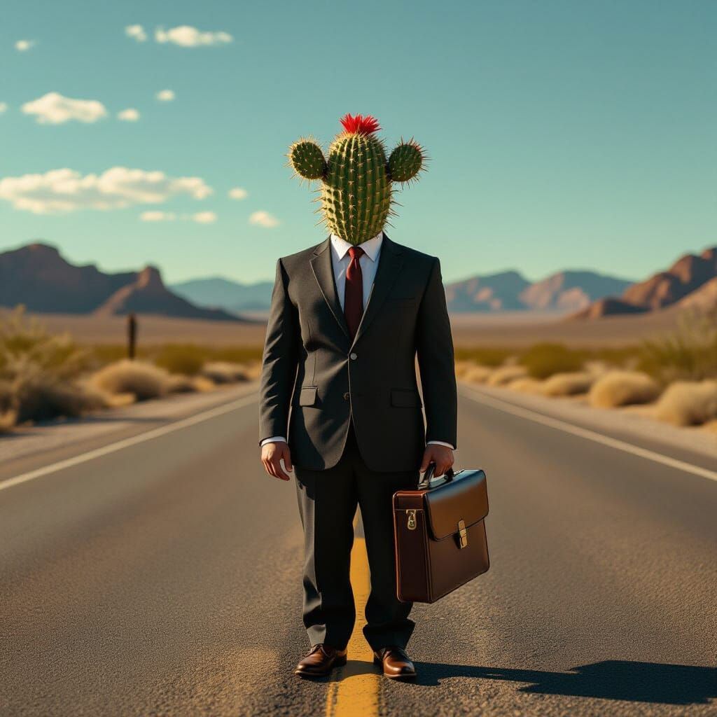Cactus Executive in Suit with Desert Highway