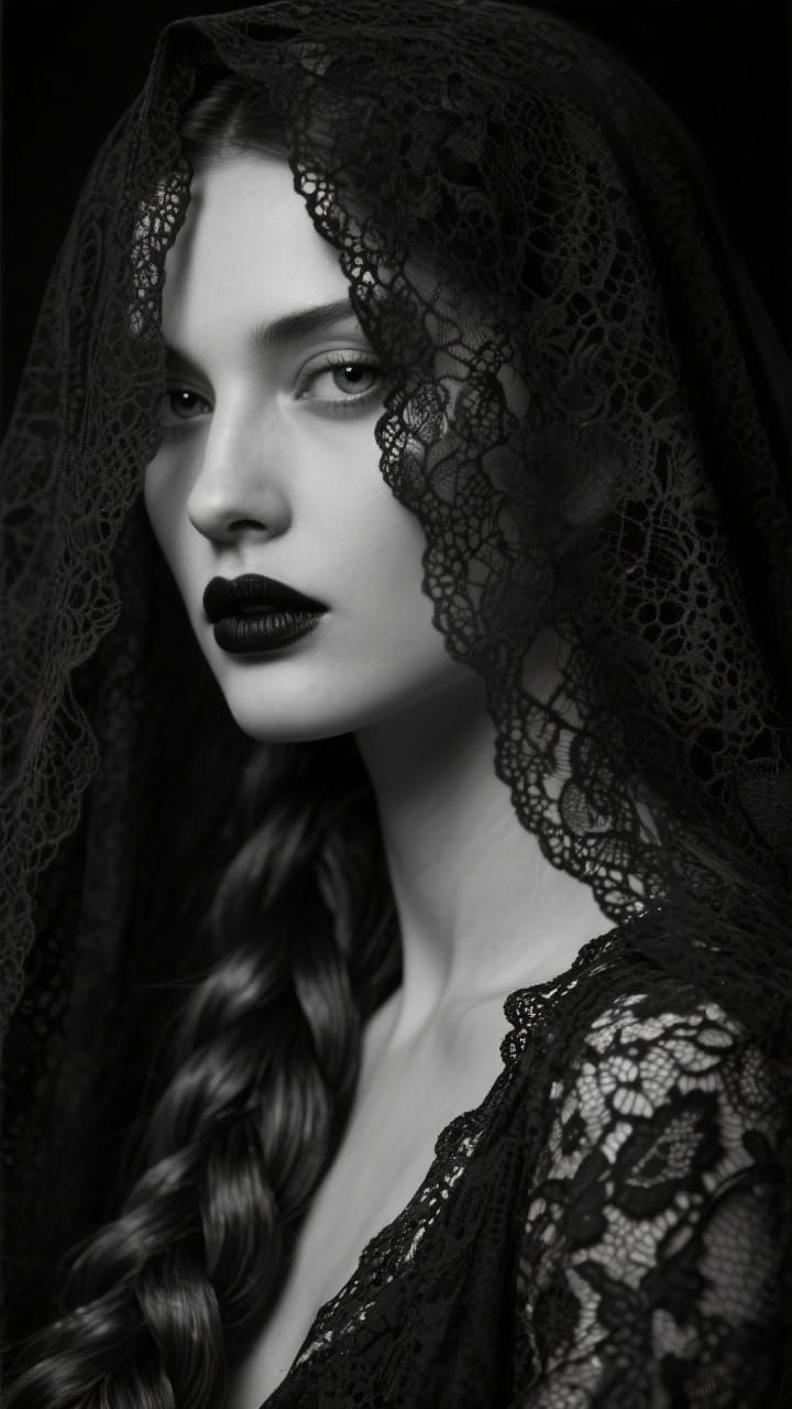 Enigmatic Woman in Black and White: Hyper-Realistic Portrait