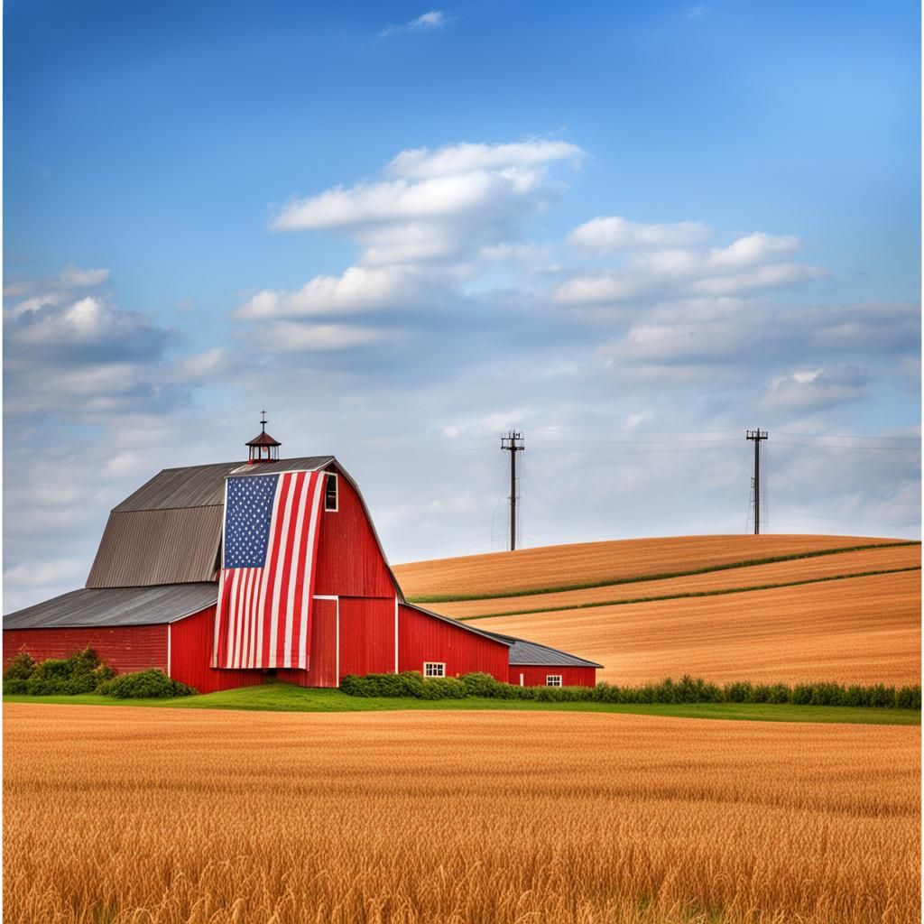 Red Barn With American Flag in Hyperrealism