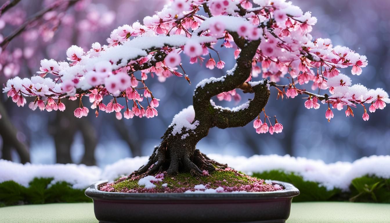 Blooming Cherry Bonsai in Winter Garden