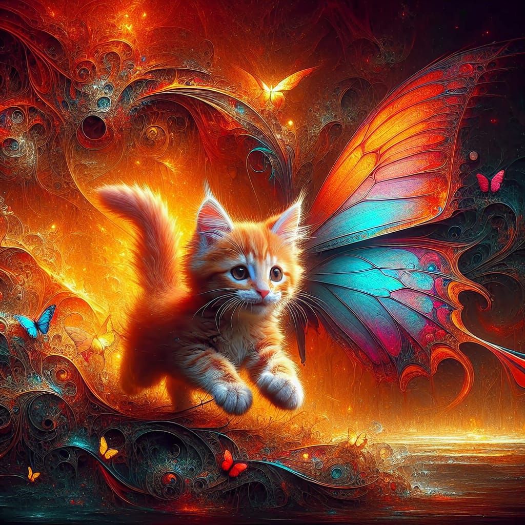 Playful Red Kitten with Butterfly in Fantasy Setting