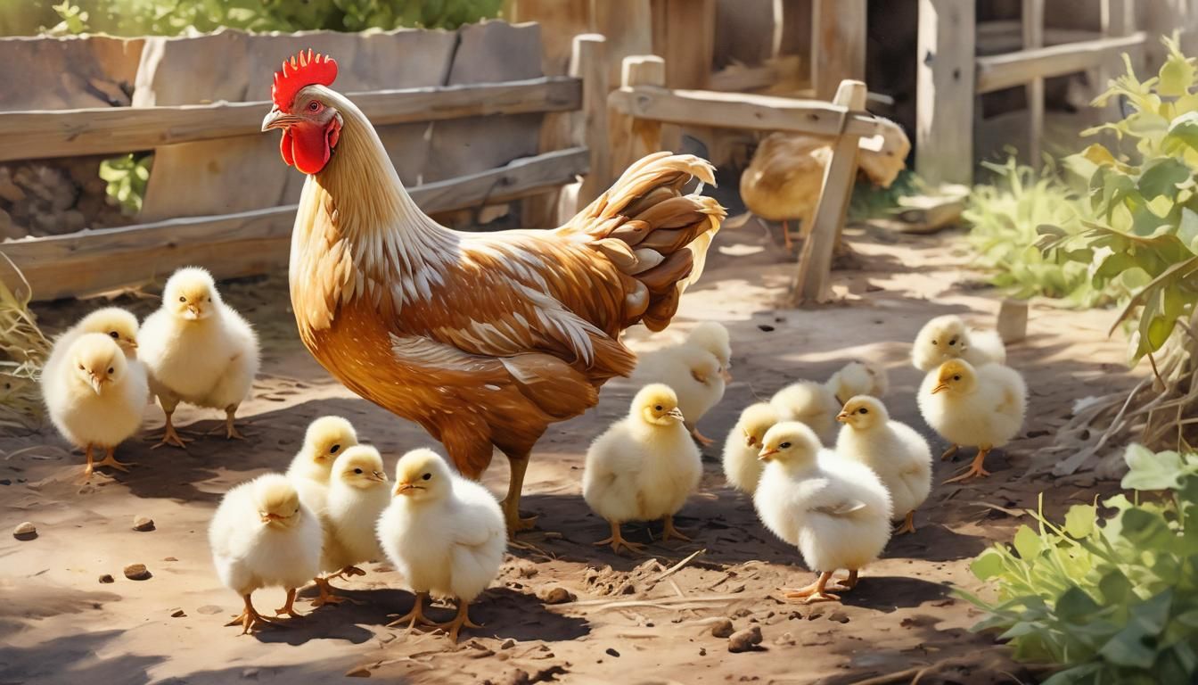 Watercolor Chicken Family in Sunny Farmyard