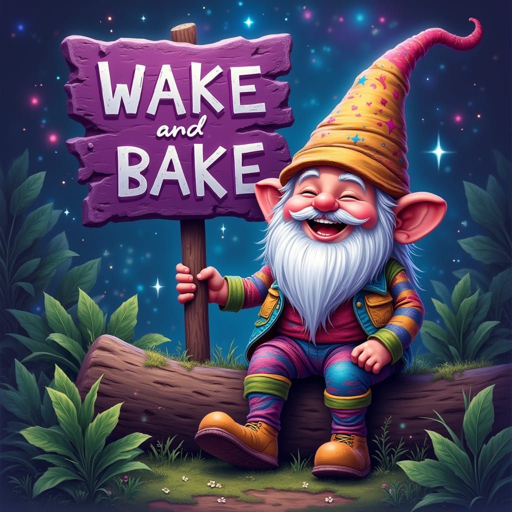 Smiling Gnome with Psychedelic Sign, Holographic Illustratio...