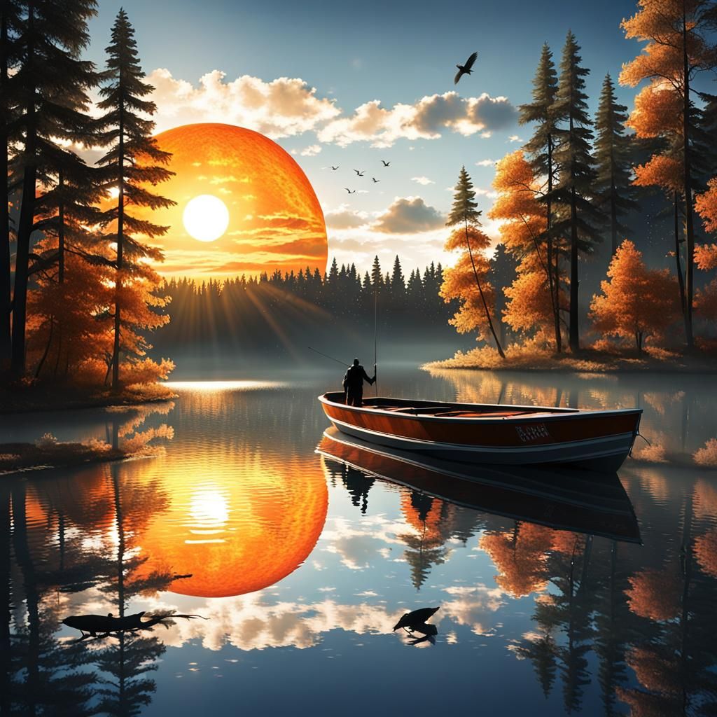 Giant Sun Rises Over Angler Boat: 3D Digital Art