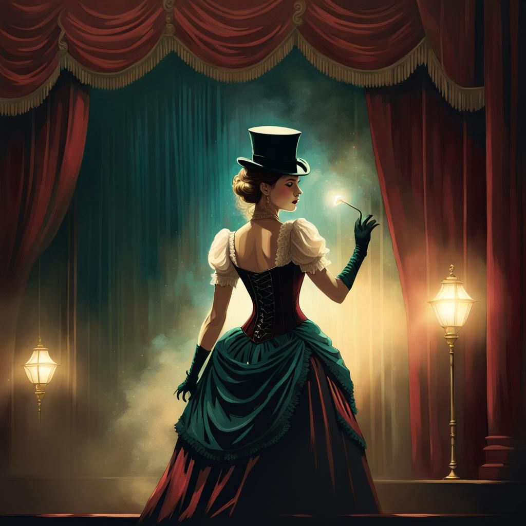 Victorian Woman Reveals Empty Stage with Gas Lamps