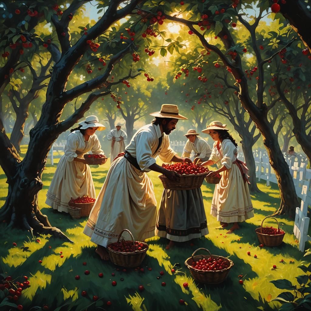 Dark Fantasy Orchard Oil Painting in Golden Hour