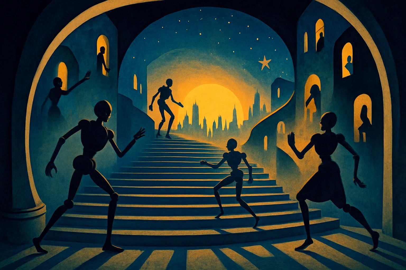 Surreal Stairway to Nowhere in Dystopian Cityscape