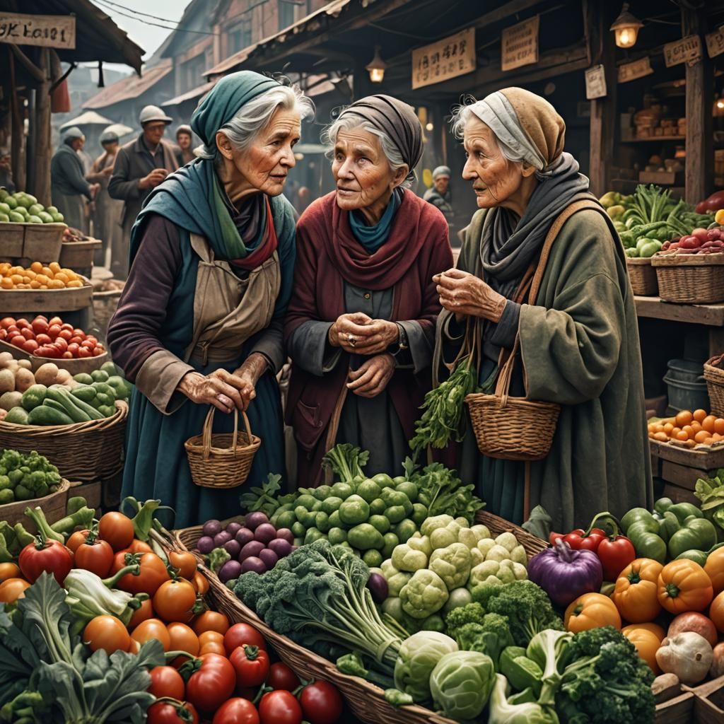 Three old women are gossiping at the vegetable market.
