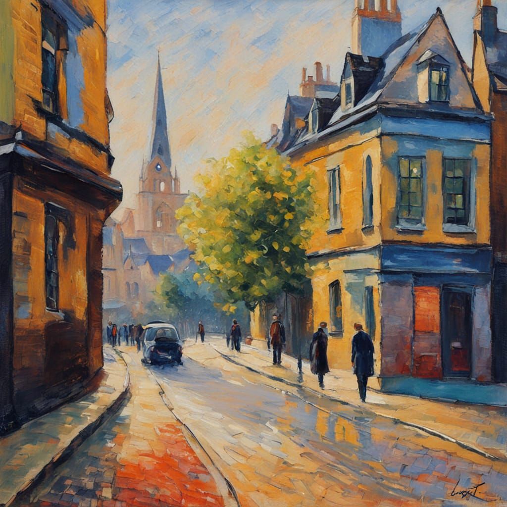 Oxford Street Scene Neo-Impressionist Oil Painting