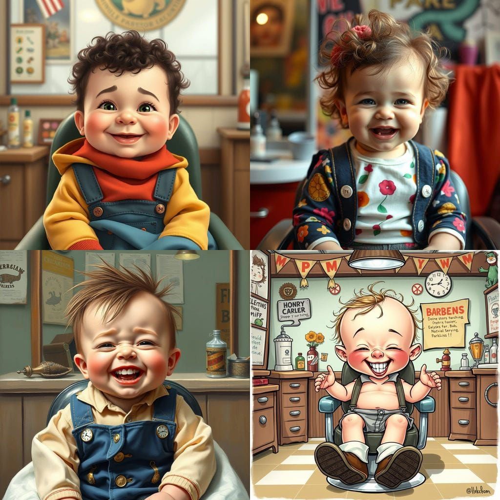 Adorable Baby Laughs Without Teeth Sitting at Barber, Wearin...