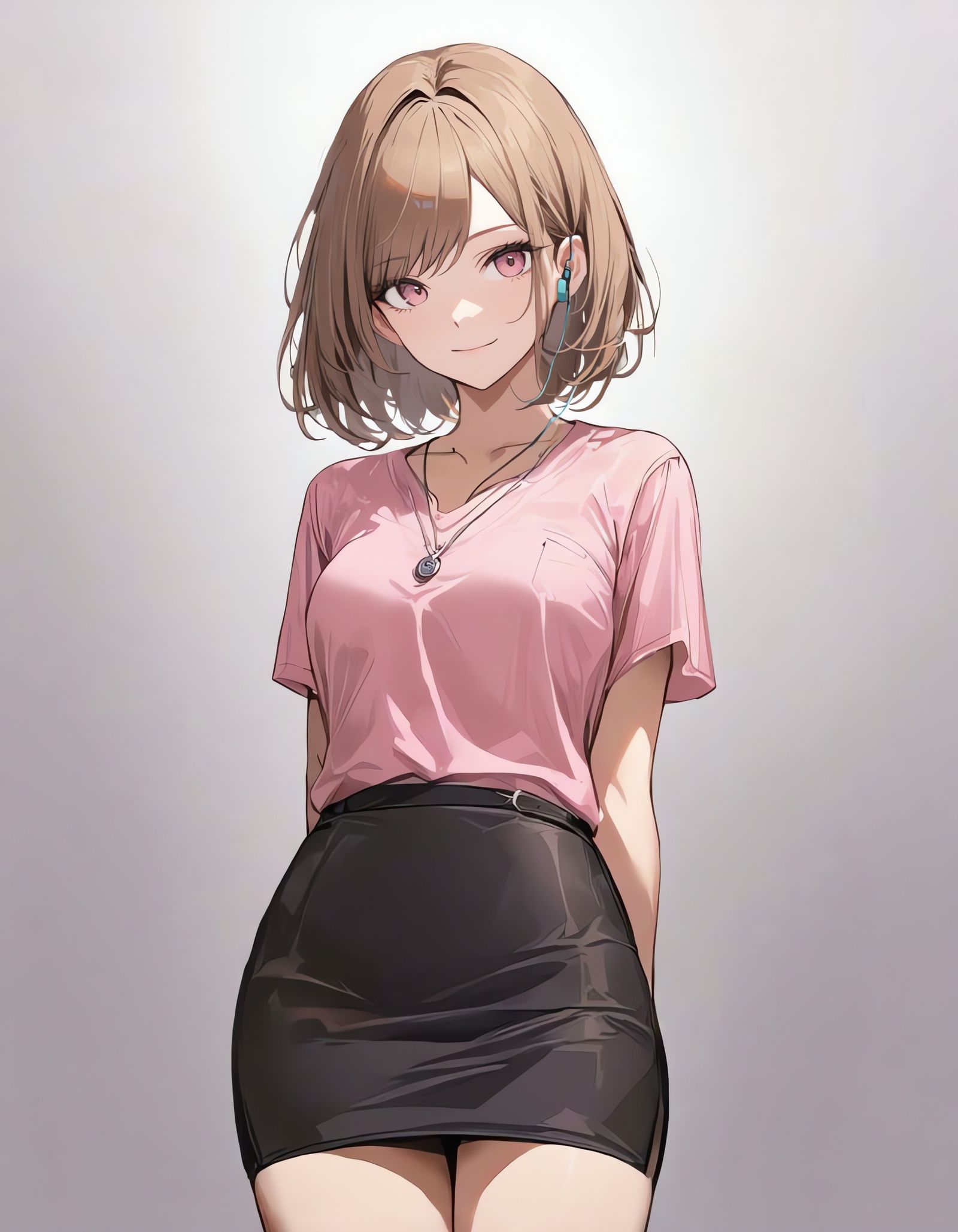 Girl with Pink Eyes and Black Skirt on White Background