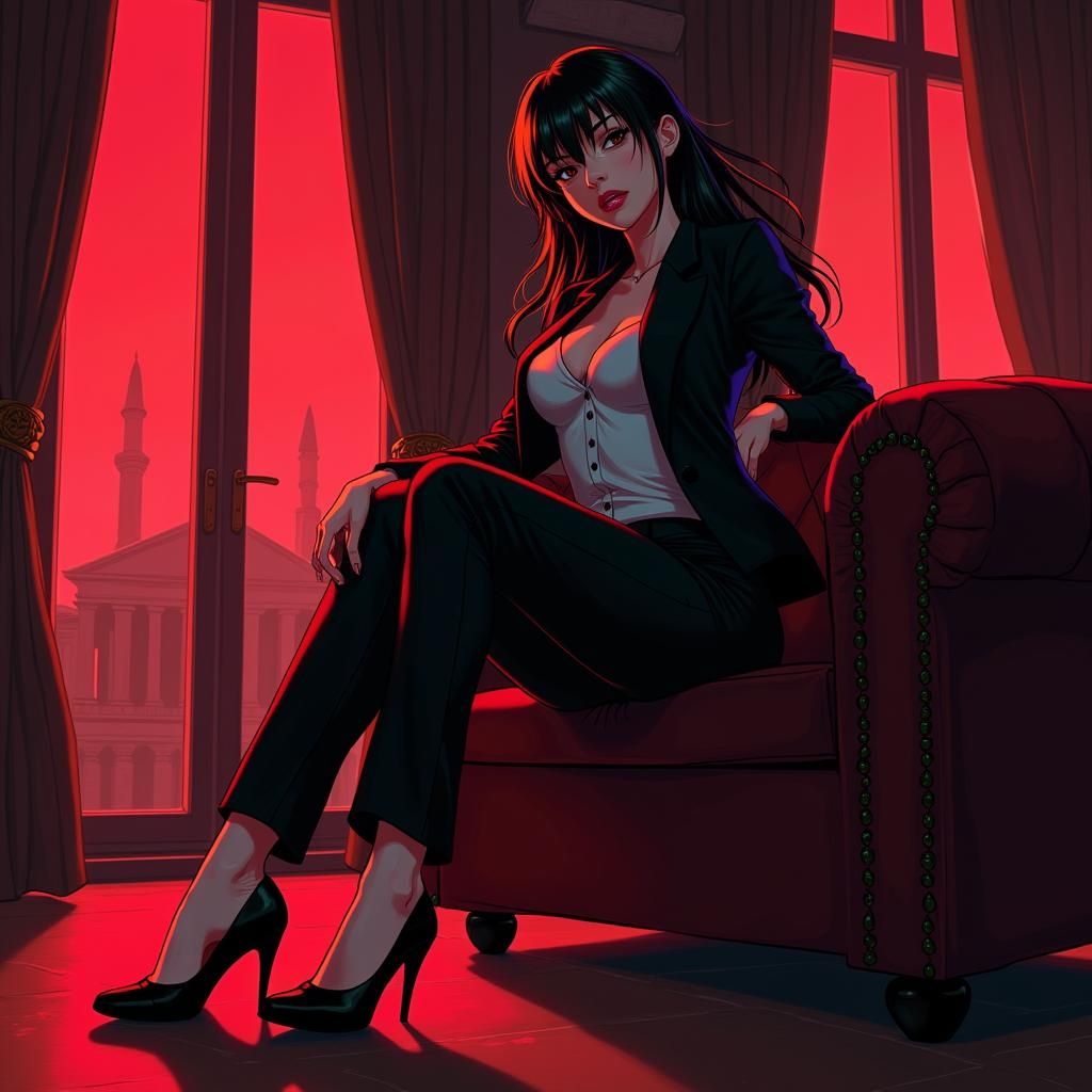 Seductive Anime Woman in Black Suit, Studio Trigger Style