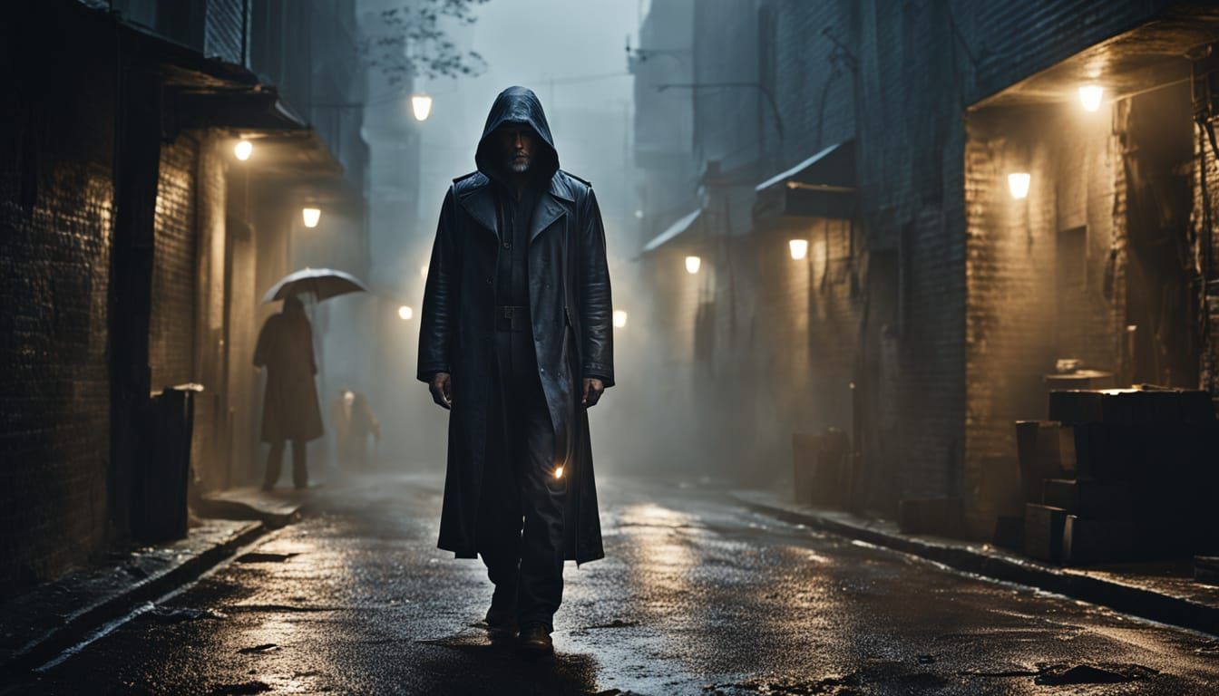 Mysterious Figure in Dark Alley: Hyperrealistic Film Still