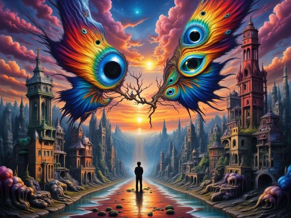 Man with Fractal Face Under Eclipse Rainbow Lightning