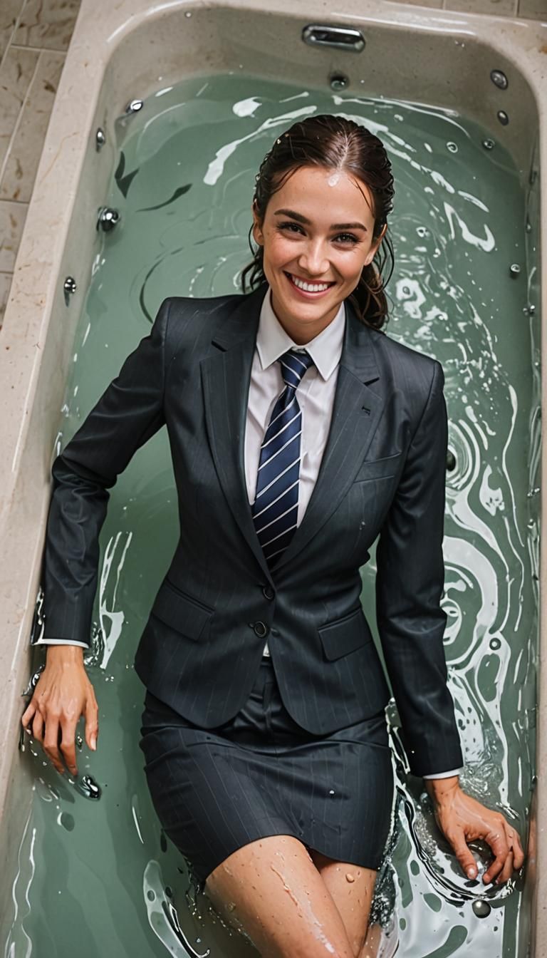 Woman in Wet Business Suit Bathtub