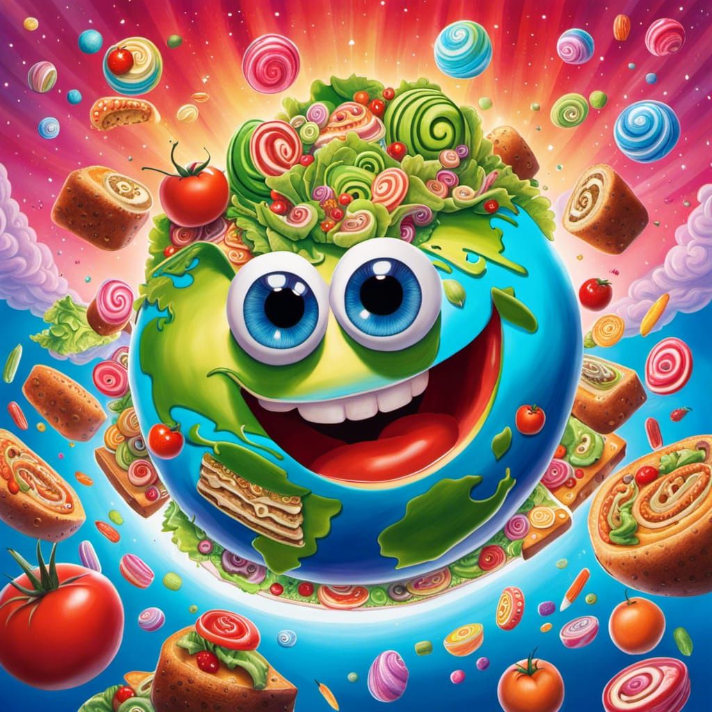 Anthropomorphic Earth Sandwich in Vibrant Gouache Pencil Art