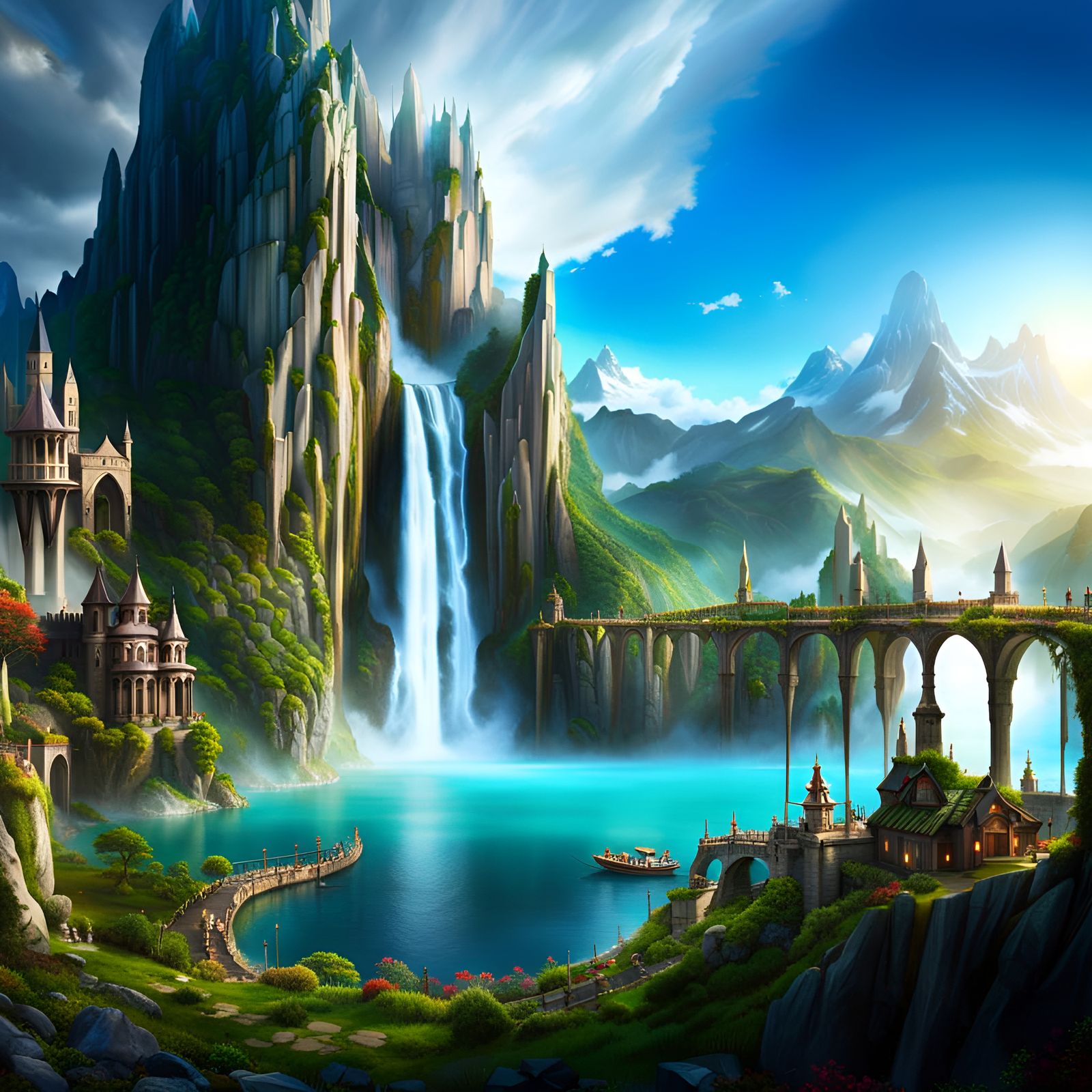 fantasy elf city withwaterfall and lake
