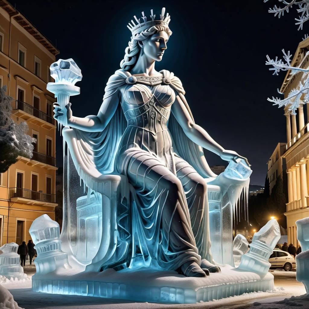 An ice sculpture of Persephone in Athens night