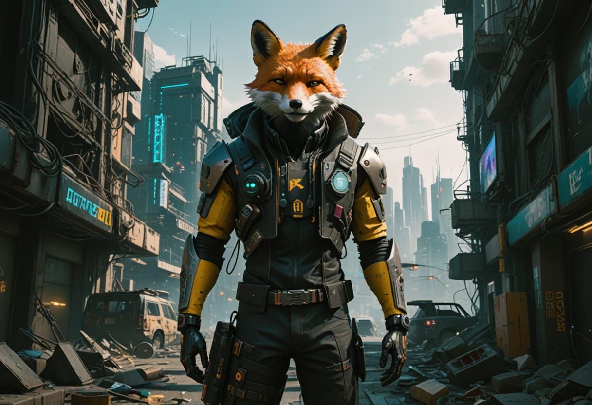 Fox Netrunner in Ruined Cyberpunk City