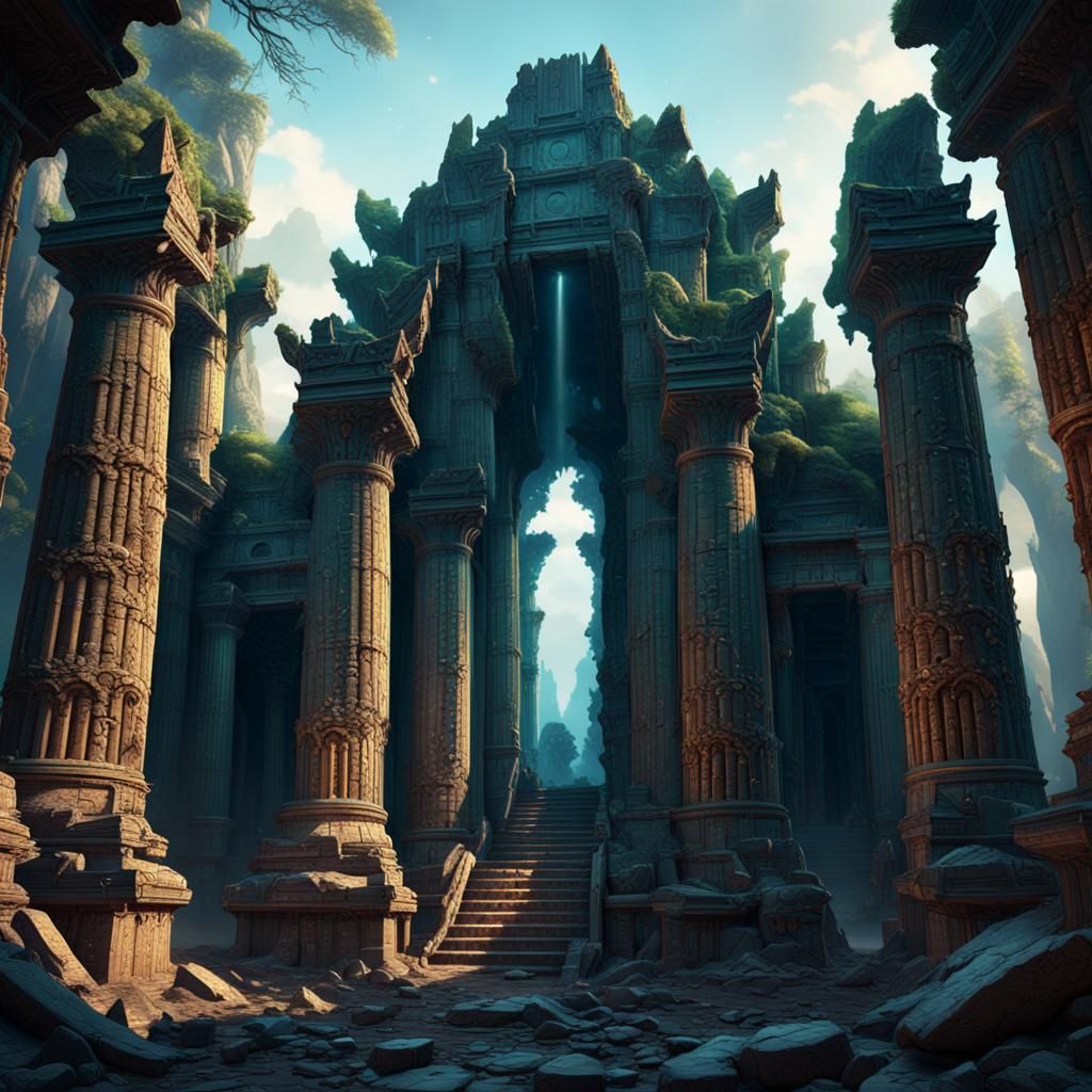 Luminous Ancient Temple Ruins: Detailed Matte Painting
