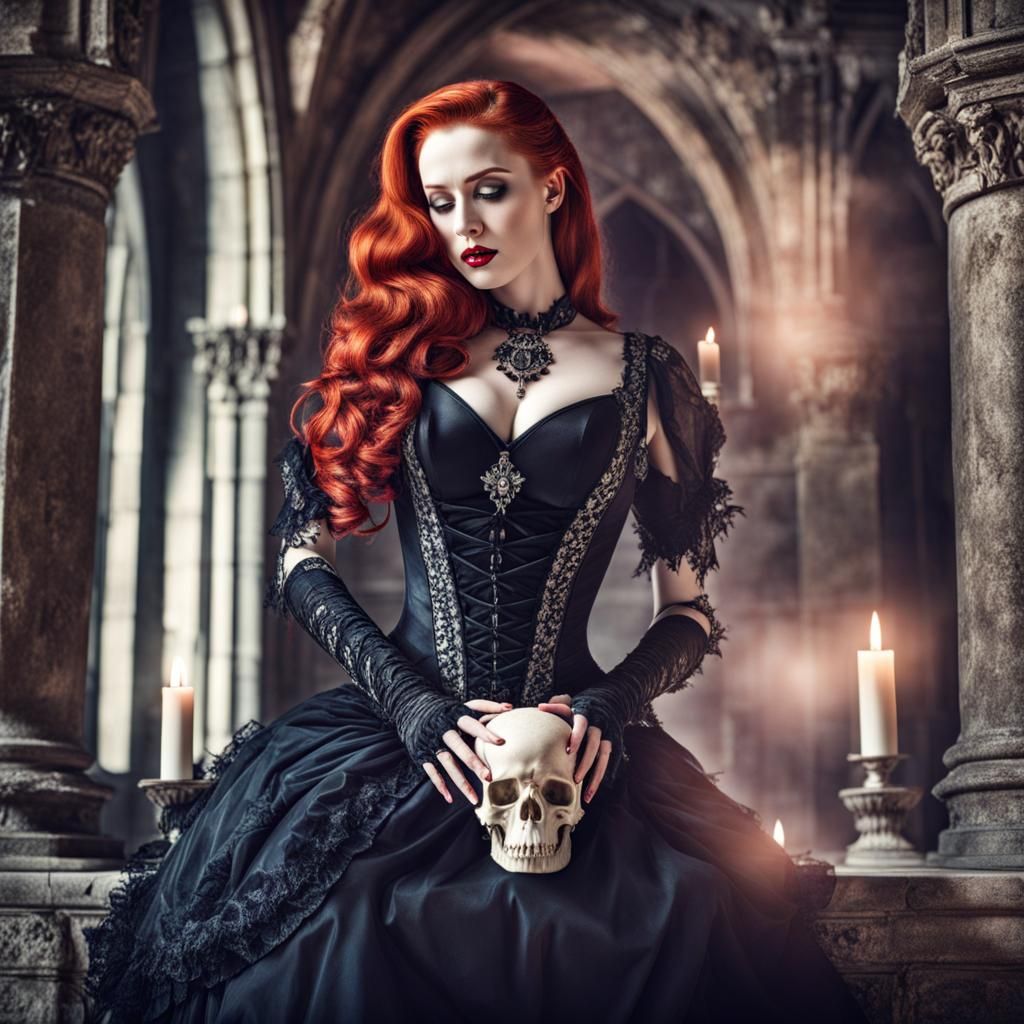 Dramatic Redhead Vampire in Gothic Castle