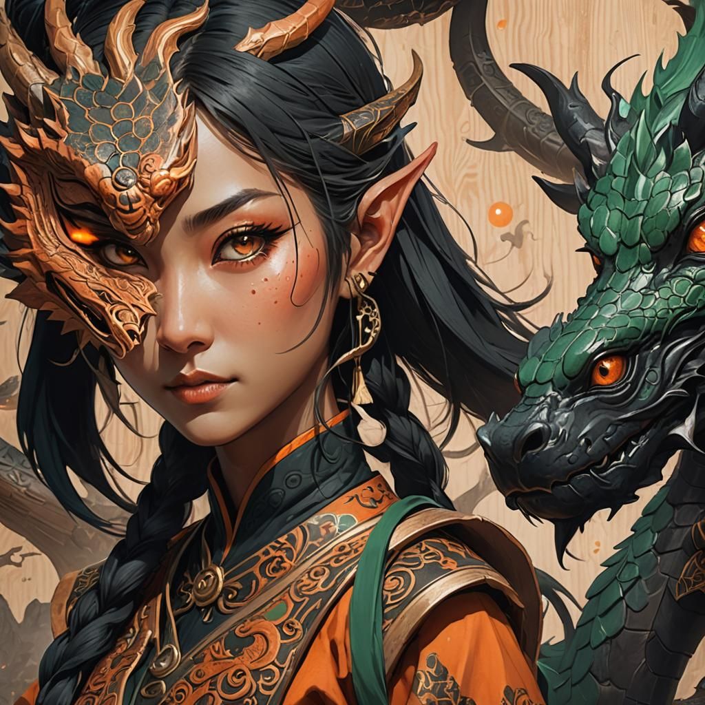 Japanese Elf Ninja Woodblock Print, Digital Art