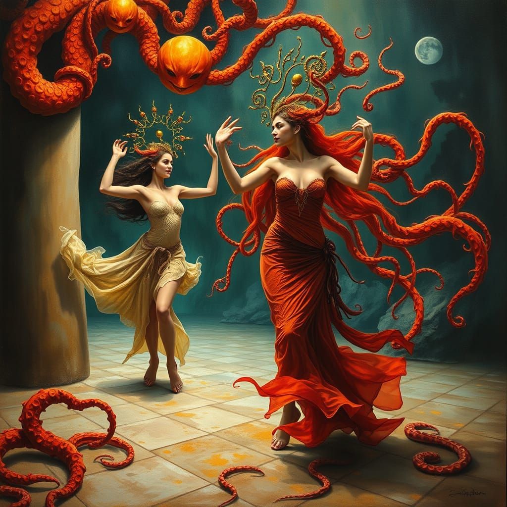 Surreal Nymph Priestesses Dance in Vibrant Oil Painting