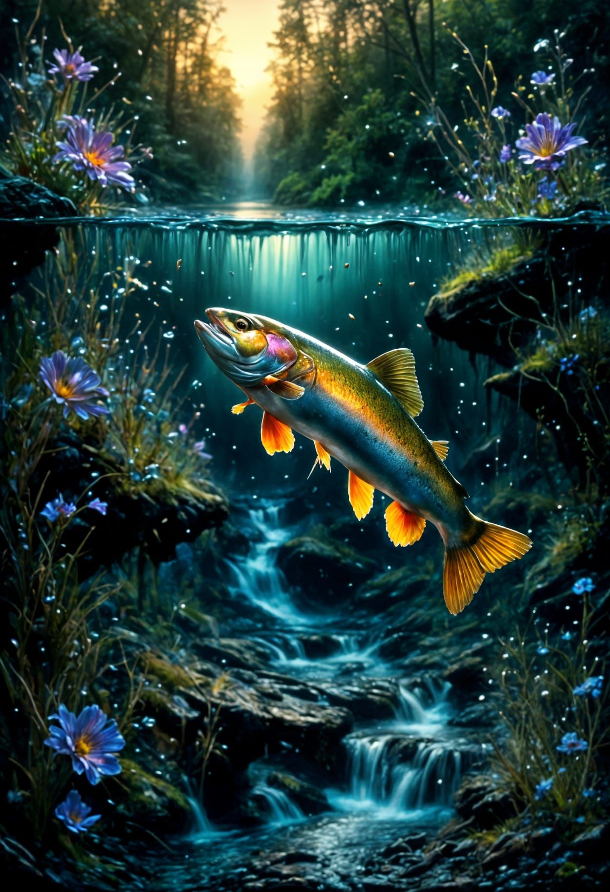 Brook Trout Leaping: Hyperrealistic Oil Painting