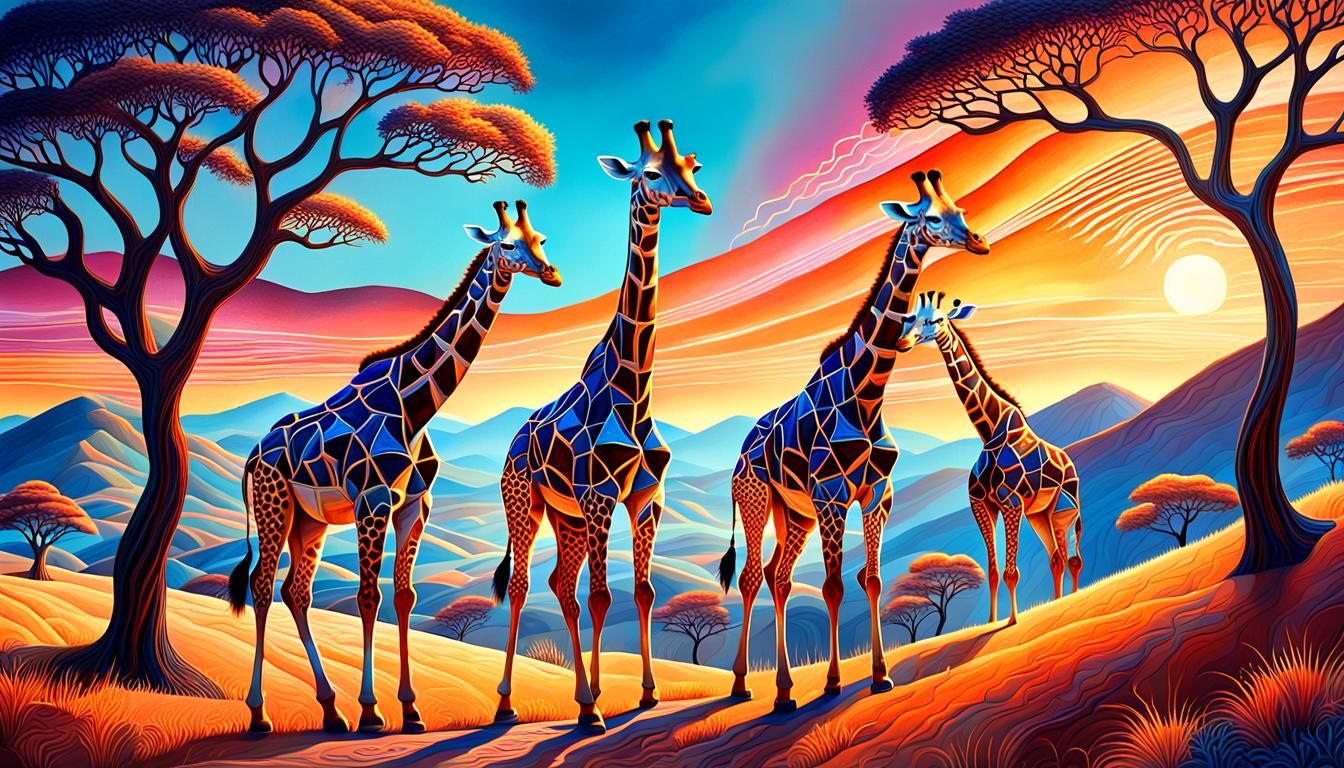Giraffes Roam Surreal Sunset Landscape