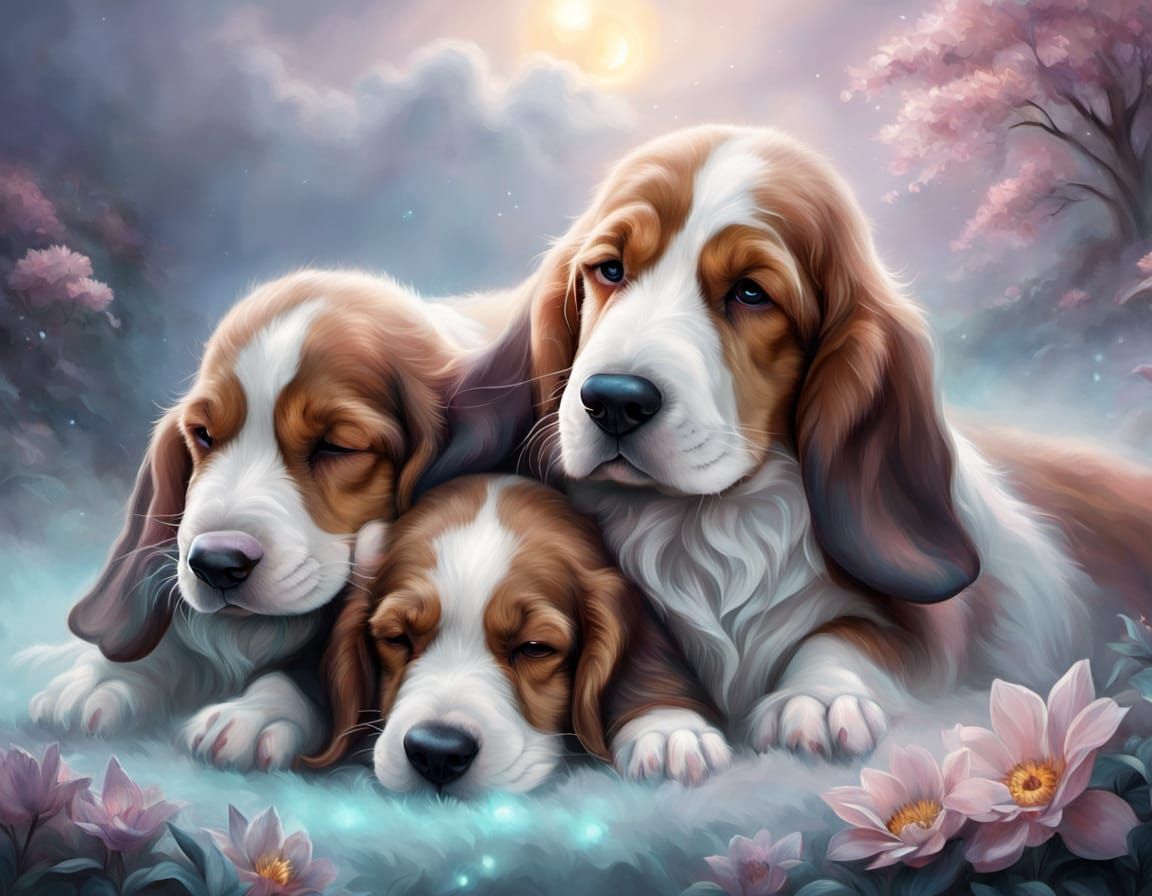 Dreamlike Basset Hound with Puppies in Ethereal Fog